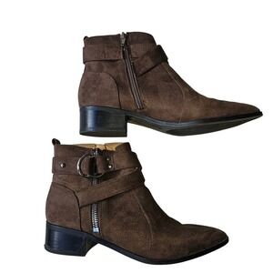 Nine West Brown Suede Feel Pointed Toe Buckle Detail Zip up Ankle Boots 9.5 M